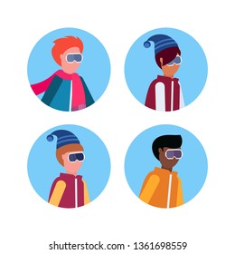 set man face avatar profile wearing ski goggles mix race male cartoon character portrait collection isolated
