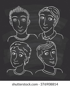 set of man face cartoon on chalkboard