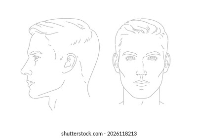 Set of man face. Different angles Front and profile view. Male portrait of young beautiful boy with trendy hairdo. Vector line sketch illustration.