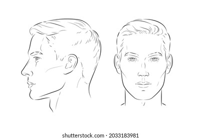 Set man face  Different angles Front   profile view  Male portrait young beautiful boy and trendy hairdo  Vector line sketch illustration 
