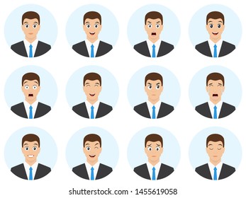 Set of man face and different emotions. Business man cartoon character. Avatar different expressions pack. Vector illustration.