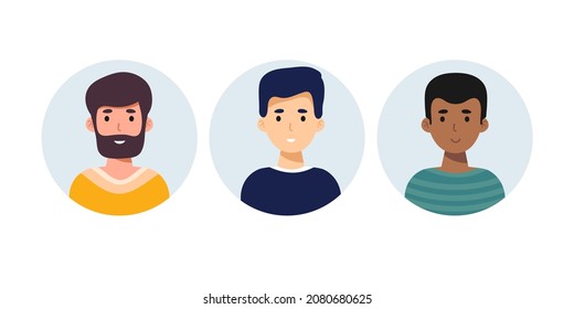 set of Man face emotive icon. Smiling male characters. flat vector. illustration isolated on white. man with beard, american african male . Positive emotions user avatar. For app, web design