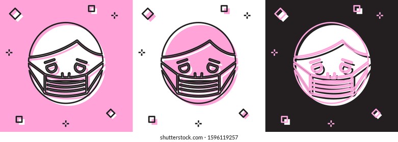 Set Man face in a medical protective mask icon isolated on pink and white, black background. Quarantine.  Vector Illustration