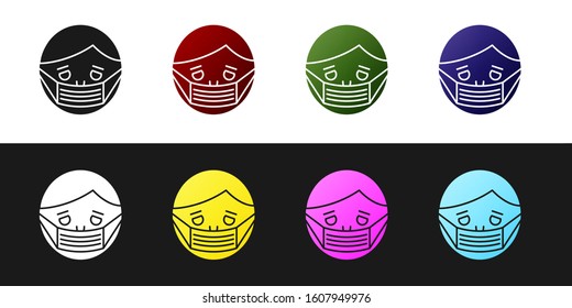 Set Man face in a medical protective mask icon isolated on black and white background. Quarantine.  Vector Illustration