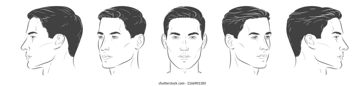 Set of man face portrait five different angle view turns of a male head. Close-up vector line sketch of boy. Front, profile, three-quarter. Vector realistic  line illustration - Shutterstock ID 2166901183
