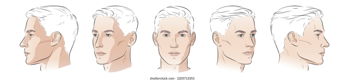 Set man face portrait five different angle view turns male head  Close  up vector line sketch boy  Front  profile  three  quarter  Vector realistic line illustration