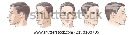 Set of man face portrait five different angle view turns of a male head. Close-up vector line sketch of boy. Front, profile, three-quarter. Vector realistic line illustration