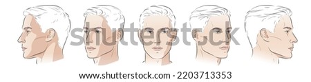 Set of man face portrait five different angle view turns of a male head. Close-up vector line sketch of boy. Front, profile, three-quarter. Vector realistic line illustration