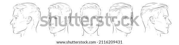Set of
man face portrait five different angle view turns of a male head.
Close-up vector line sketch of boy. Front, profile, three-quarter.
Vector realistic  line
illustration