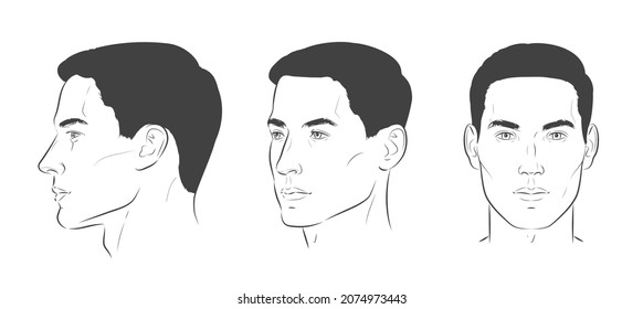 Set man face portrait three different angles   turns male head  Close  up vector line sketch  Different view front  profile  three  quarter boy  Vector realistic sketch line illustration