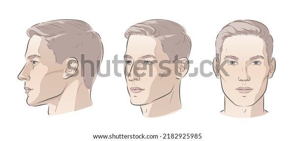 Set of man face portrait three
different angles and turns of a male head. Close-up vector line
sketch. Different view front, profile, three-quarter of a
boy.