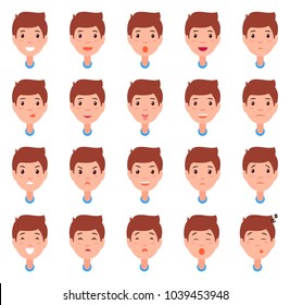 Set of man faces, character constructor different emotions vector. Male in positive and negative mood, energetic and tired, happy and upset emoji concept