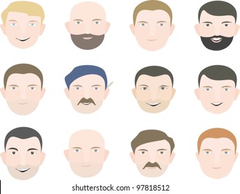 Set of man faces icons on white background