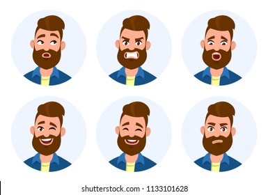 Set of man facial emotions. Different male emotions set. Man emoji character with different expressions. Vector illustration in cartoon style.