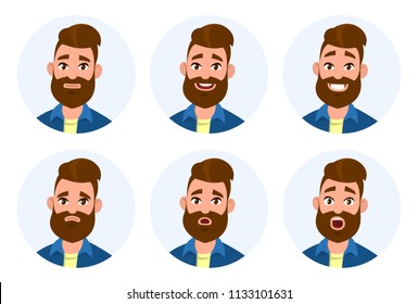 Set of man facial emotions. Different male emotions set. Man emoji character with different expressions. Vector illustration in cartoon style.