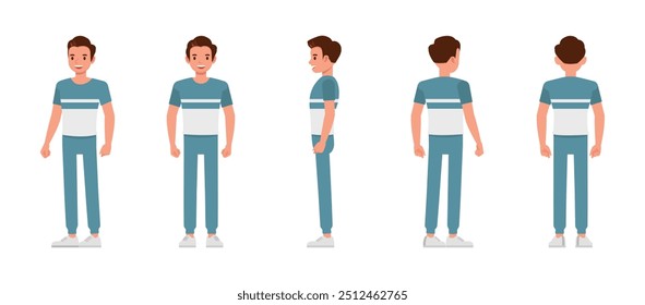 Set of man front, side and back view wear blue and white t-shirt character vector illustration design. Presentation in various action.