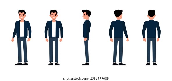 Set of man front, side and back wear blue jacket character vector illustration design. Presentation in various action.