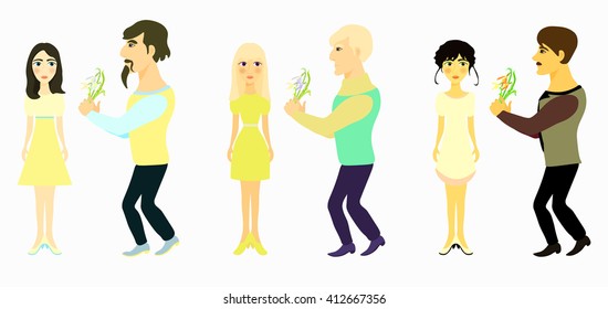 set of a man gives a girl flowers snowdrops vector illustration