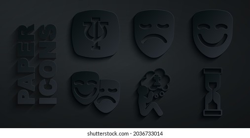 Set Man graves funeral sorrow, Comedy theatrical mask, and tragedy masks, Old hourglass, Drama and Psychology, Psi icon. Vector