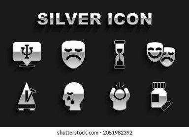 Set Man graves funeral sorrow, Comedy and tragedy masks, Sedative pills, Anger, Metronome with pendulum, Old hourglass, Psychology, Psi and Drama theatrical icon. Vector