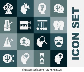Set Man graves funeral sorrow, Drama theatrical mask, Bipolar disorder, Head with question mark, Psychology, Psi, Metronome pendulum,  and Pendulum icon. Vector