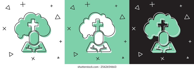 Set Man graves funeral sorrow icon isolated on white and green, black background. The emotion of grief, sadness, sorrow, death.  Vector