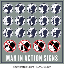 Set of man with hand signals in various actions for using as information or warning signs and symbols.