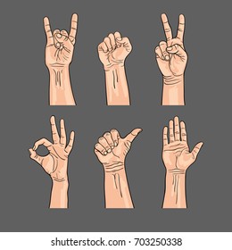 Set of man hands isolated on grey background. Arm. Vector illustration.