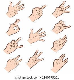 Set of man hands showing different signs, success, pointing, like, dislike, stop. Hand drawn vector doodle cartoon Illustration
