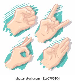 Set of man hands showing different signs, success, pointing, like, dislike, stop. Hand drawn vector doodle cartoon Illustration
