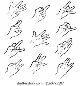 Set of man hands showing different signs, success, pointing, like, dislike, stop. Hand drawn vector doodle cartoon Illustration
