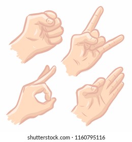 Set of man hands showing different signs, success, pointing, like, dislike, stop. Hand drawn vector doodle cartoon Illustration
