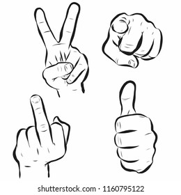 Set of man hands showing different signs, success, pointing, like, dislike, stop. Hand drawn vector doodle cartoon Illustration
