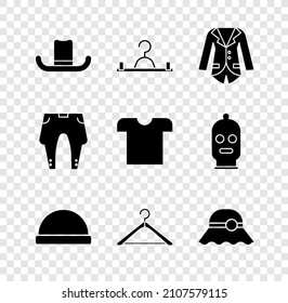 Set Man hat, Hanger wardrobe, Blazer or jacket, Beanie, Elegant women, Pants and T-shirt icon. Vector