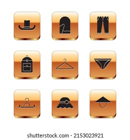 Set Man hat, Hanger wardrobe, Elegant women, Backpack, Pants, Asian conical and Christmas mitten icon. Vector