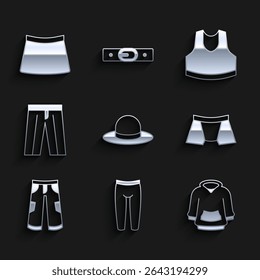 Set Man hat, Leggings, Hoodie, Homens cuecas, Calças, Undershirt e ícone de saia. Vetor