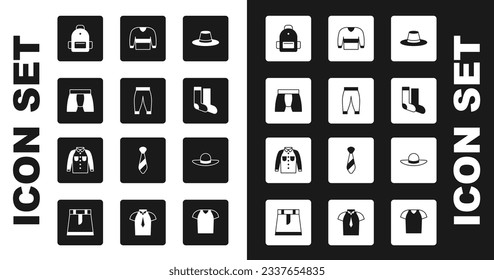 Set Man hat, Pants, Men underpants, School backpack, Socks, Sweater, Elegant women and Shirt icon. Vector