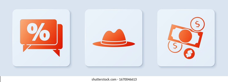 Set Man hat with ribbon, Discount percent tag and Money cash and coin. White square button. Vector
