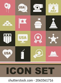 Set Man hat with ribbon, Hexagram sheriff, Party, Cannon, American flag, Gold bars, Balloons and Cake icon. Vector
