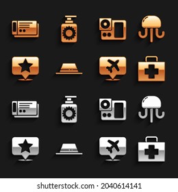 Set Man hat with ribbon, Jellyfish, First aid kit, Speech bubble airplane, Map pointer star, Photo camera, Travel ticket and Sunscreen spray bottle icon. Vector