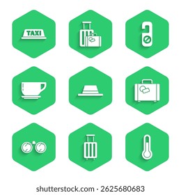 Set Man hat with ribbon, Suitcase, Meteorology thermometer, Binoculars, Coffee cup, Please do not disturb and Taxi car roof icon. Vector