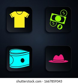 Set Man hat with ribbon, T-shirt, Stacks paper money cash and Money cash and coin. Black square button. Vector