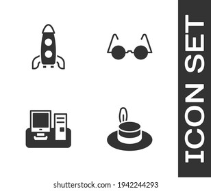 Set Man hat, Rocket ship, Monitor with keyboard and Eyeglasses icon. Vector