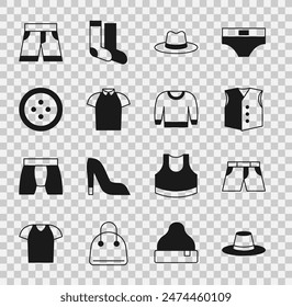 Set Man hat, Short or pants, Waistcoat, Polo shirt, Sewing button for clothes,  and Sweater icon. Vector