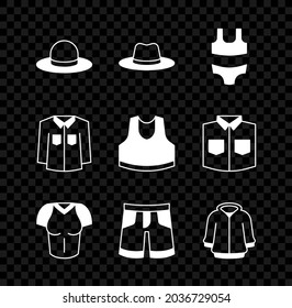 Set Man hat, Swimsuit, T-shirt, Short or pants, Hoodie, Shirt and Undershirt icon. Vector