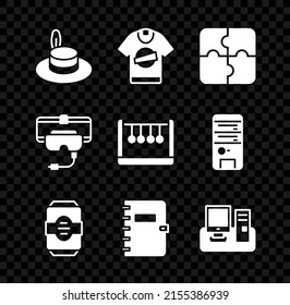 Set Man hat, T-shirt, Piece of puzzle, Energy drink, Spiral notebook, Monitor with keyboard, Virtual reality glasses and Pendulum icon. Vector