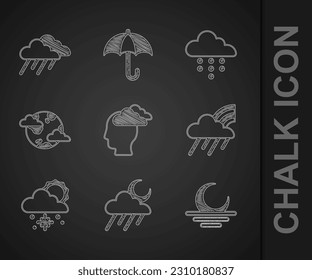Set Man having headache, Cloud with rain and moon, Sunset, Rainbow cloud, snow sun, Earth planet clouds,  and  icon. Vector