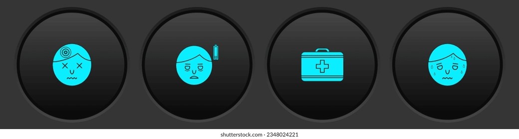Set Man having headache, Fatigue, First aid kit and with excessive sweating icon. Vector