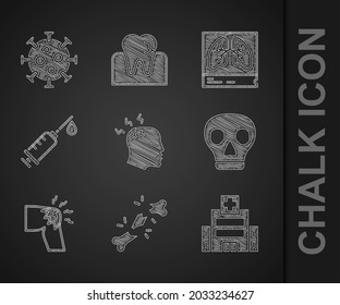 Set Mann mit Kopfschmerzen, gebrochene Knochen, Medizinische Krankenhausgebäude, Schädel, Gelenkschmerzen, Knieschmerzen, Spritze, Lunge-Röntgen und Virus-Symbol. Vektorgrafik