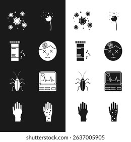 Set Man having headache, Medicine bottle and pills, Bacteria, Flower producing pollen, Cockroach, Monitor with cardiogram, Hand psoriasis eczema and  icon. Vector